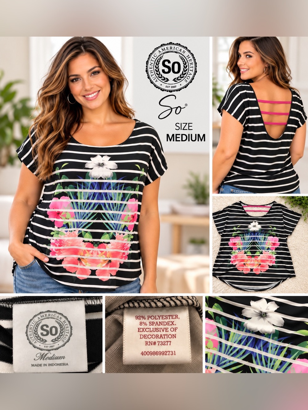 SO Medium Black White Striped Floral Open Back Pink Strap Top